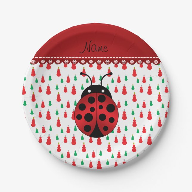 Prato De Papel Nome personalizado ladybug verde-vermelho-neve (Frente)
