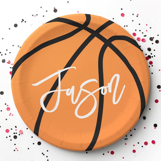 Prato De Papel Nome personalizado laranja preto de basquetebol (Basketball black orange custom name paper plates)