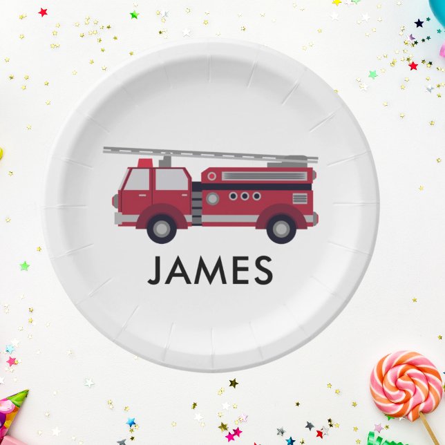 Prato De Papel Nome Personalizado Moderno Caminhão do Fogo Vermel (Fireman Firetruck Boys birthday Party paper plate Modern Firefighter birthday theme)