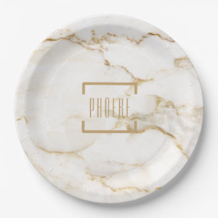 Prato De Papel Nome Personalizado Moderno Efeito Dourado Marble C