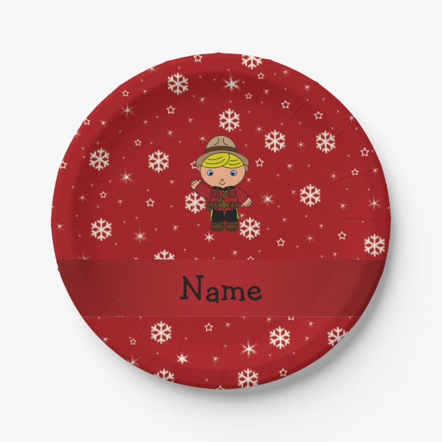 Prato De Papel Nome personalizado, mountie red snowflakes (Frente)