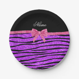 Prato De Papel Nome personalizado neon roxo glitter zebra stripes