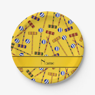Prato De Papel Nome personalizado padrão de croquete amarelo