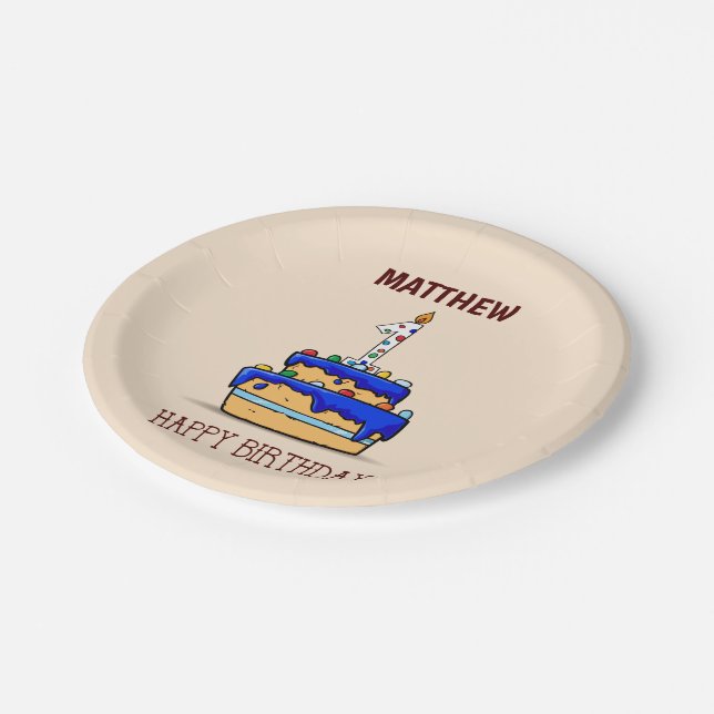 Prato De Papel Nome Personalizado, primeiro aniversario, Bolo Azu (Inclinado)