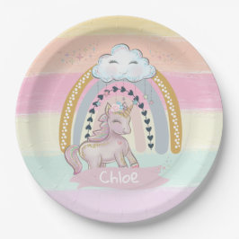 Prato De Papel Nome Personalizado 🦄 Rainbow Unicorn Girl