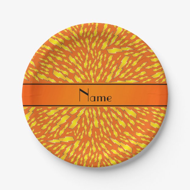 Prato De Papel Nome personalizado raio laranja (Frente)