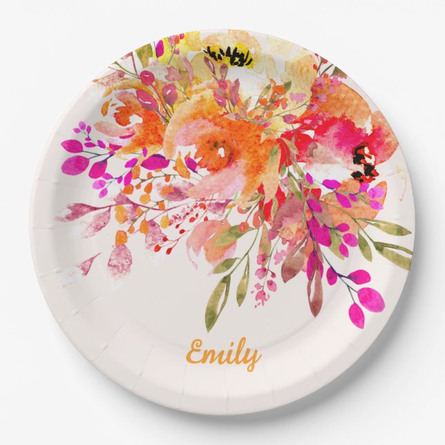 Prato De Papel Nome Personalizado Romântico Floral Brilhante (Frente)