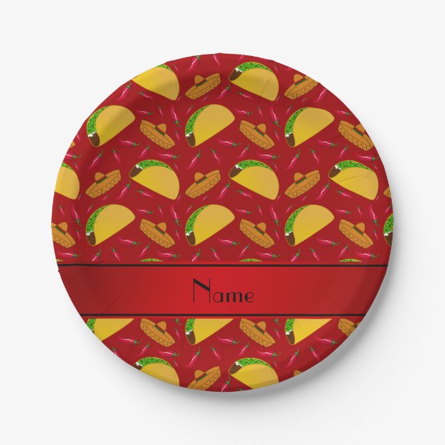 Prato De Papel Nome personalizado tacos vermelhos sombreros chili (Frente)