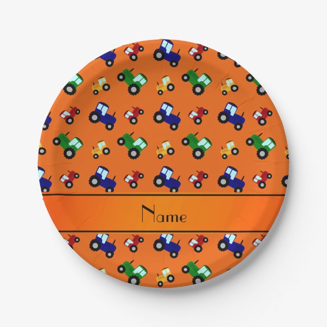 Prato De Papel Nome personalizado tratores laranja (Frente)