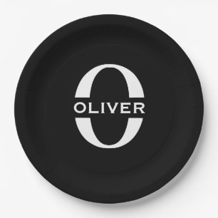 Prato De Papel Nome Preto E Branco Do Monograma Personalizado