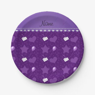 Prato De Papel Nome torta de aniversário roxo balões de corações