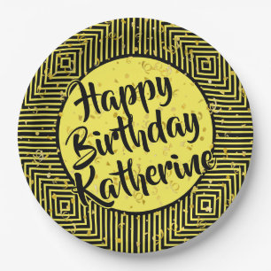 Prato De Papel Nome: Yellow/Black Happy Birthday Diagonal Strips