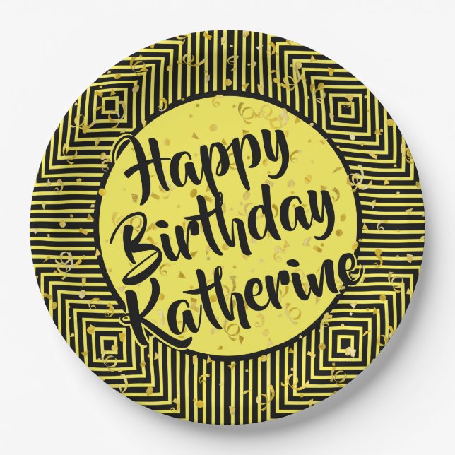 Prato De Papel Nome: Yellow/Black Happy Birthday Diagonal Strips (Frente)