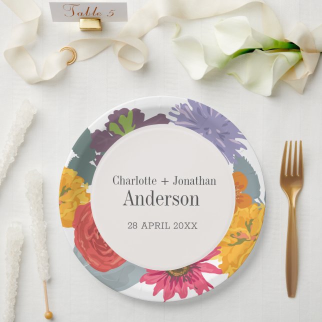Prato De Papel Nomes de Casais Florais de Casamento Moderno Abstr (Casamento)