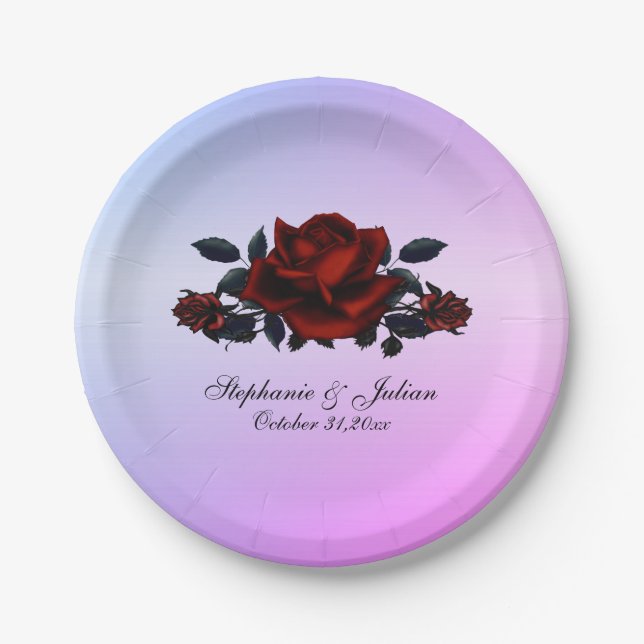 Prato De Papel Nomes de Casamentos Góticos de rosa vermelha e Rox (Frente)