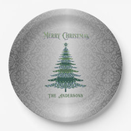 Prato De Papel Nomes de Prata Verde da Árvore de Natal Elegante