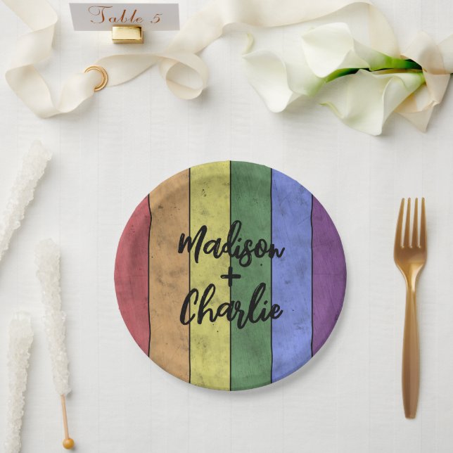Prato De Papel Nomes Personalizados do Orgulho LGBT de Casamento (Casamento)