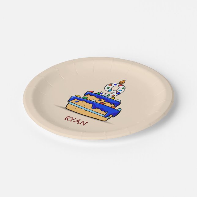 Prato De Papel Nono aniversário, 9 no Bolo Azul Doce (Inclinado)