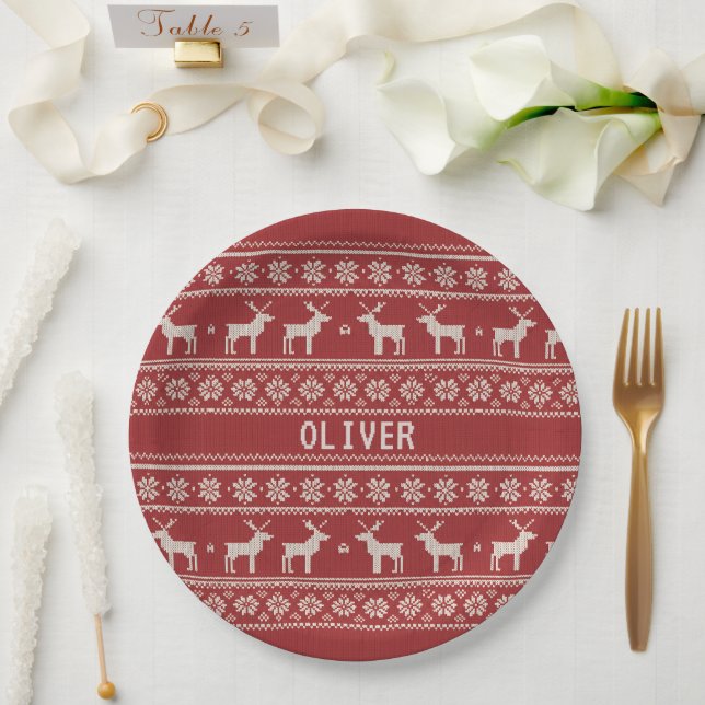 Prato De Papel Nordic Reindeer Knit Pattern Personalized (Casamento)