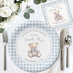 Prato De Papel Nós Mal Podemos Esperar Chuveiro de Bebê Urso Azul