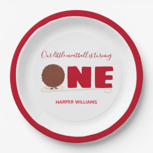 Prato De Papel Nossa Pequena Meatball Virando Um primeiro anivers