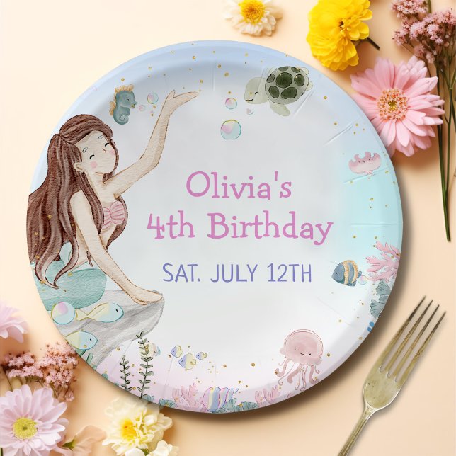 Prato De Papel Nossa Pequena Sereia Festa de Quarto Aniversário (Criador carregado)