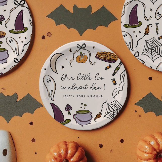 Prato De Papel Nosso pequeno Chá de fraldas de Halloween Quase De (Our Little Boo is Almost Due Halloween Illustrations Baby Shower Personalized Paper Plates)