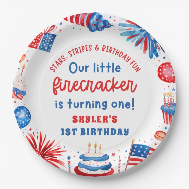 Prato De Papel Nosso Pequeno Firecracker 4 de julho primeiro aniv (Frente)