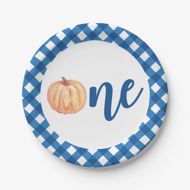 Prato De Papel Nosso Pequeno Pumpkin Um Azul Primeiro aniversário (Frente)