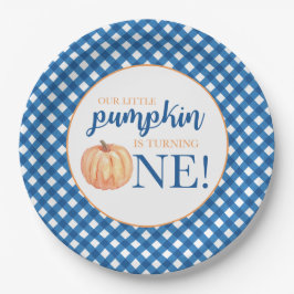 Prato De Papel Nosso Pequeno Pumpkin xadrez azul no primeiro aniv