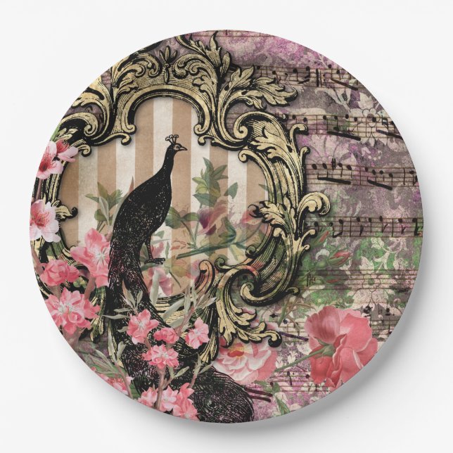 Prato De Papel Nota musical floral de pavão de vindima, rosa e ou (Frente)