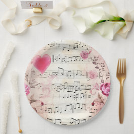Prato De Papel Notas Musicais e Rosas Vintage Design
