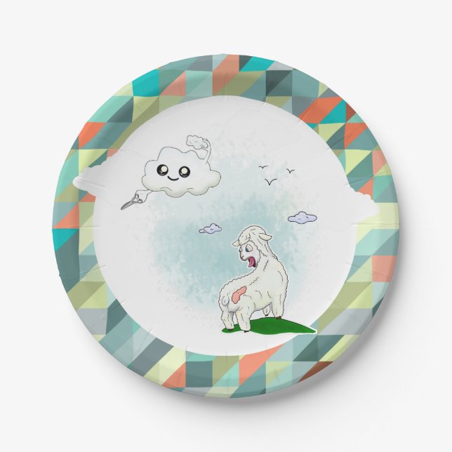 Prato De Papel nuvem e ovelha engraçadas. Nutridamente. Triangula (Frente)