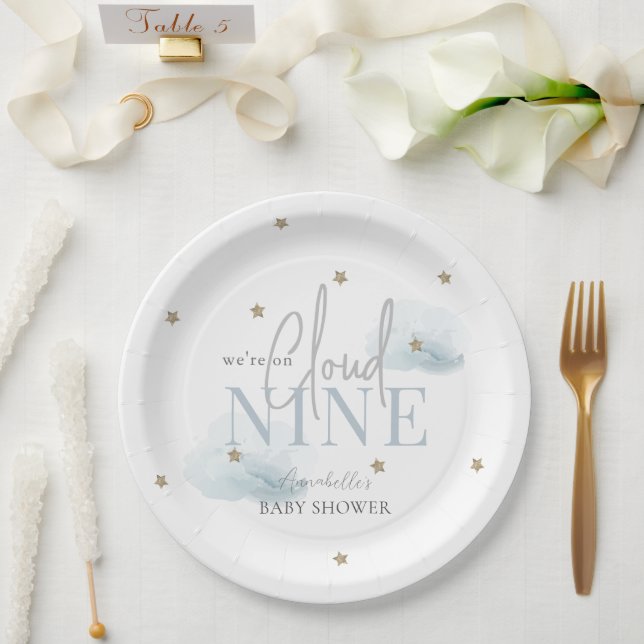 Prato De Papel Nuvens Azuis da Nuvem 9 e Estrelas Douradas Chá de (Casamento)