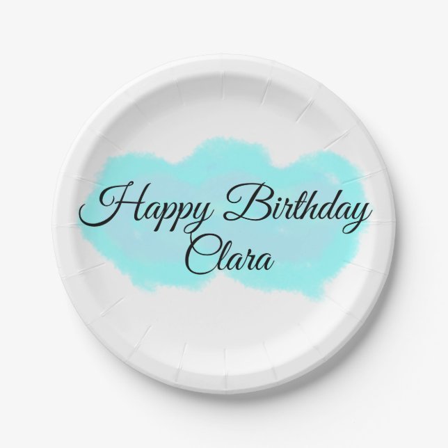 Prato De Papel Nuvens verdes azuis pastel feliz aniversário moder (Frente)