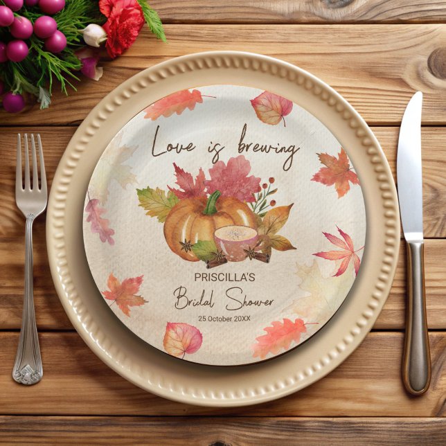 Prato De Papel O amor está fervilhando no outono chá de noiva (Love is brewing fall autumn bridal shower monogrammed customized paper plates personalized decor)