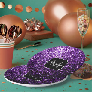 Prato De Papel O brilho roxo escuro bonito sparkles monograma