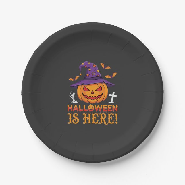 Prato De Papel O Halloween Chegou Bruxa Abóbora Vector (Frente)