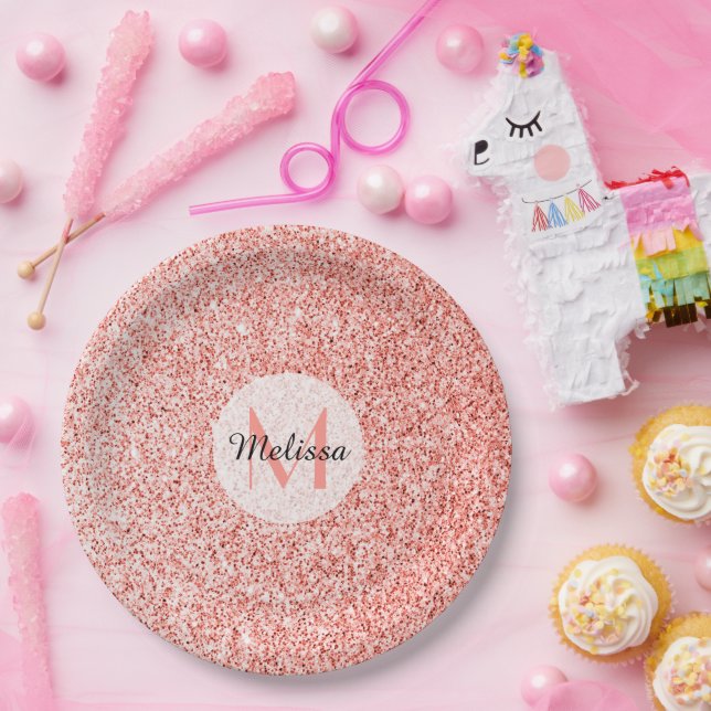 Prato De Papel O pastel cor-de-rosa brilha no monograma (Festa)