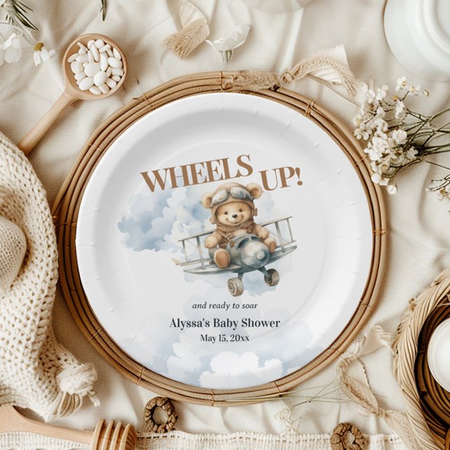 Prato De Papel O Urso De Teddy Levanta O Pequeno Piloto De Co (Wheels Up Little Co-Pilot Teddy Bear baby shower paper plate)