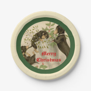 Prato De Papel O vintage que joga o dachshund persegue o feriado