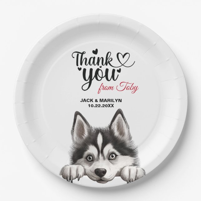 Prato De Papel Obrigado pelo casamento do cão Husky Siberiano (Frente)