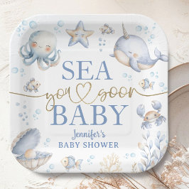 Prato De Papel Ocean Sea You Soon Baby Shower Boy Blue