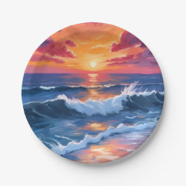 Prato De Papel Ocean Sunset Beach Waves Watercolor Card