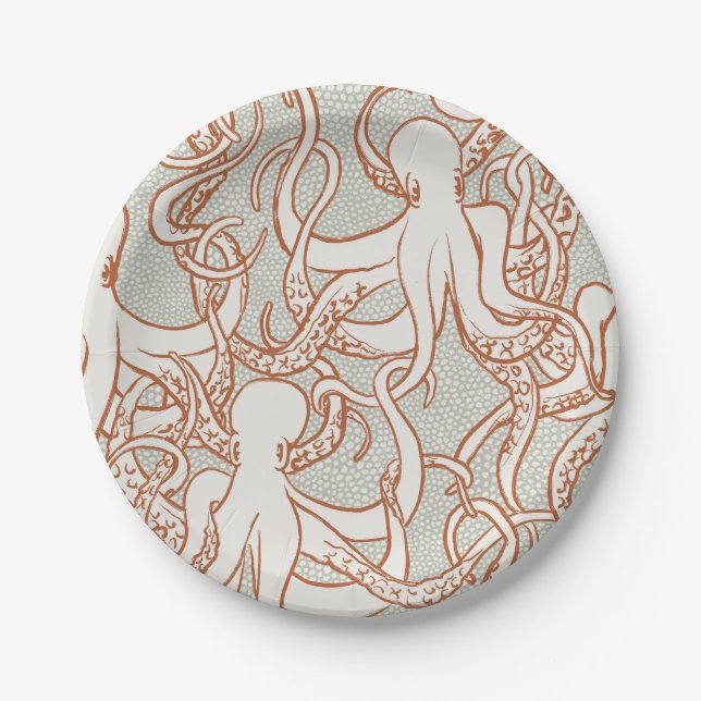 Prato De Papel Octopus Line Art | Round Plates (Orange & Gray) (Frente)