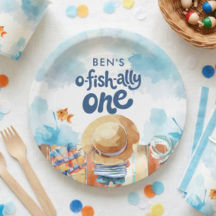 Prato De Papel Ofishally Um Menino Pescador 1º Aniversário 