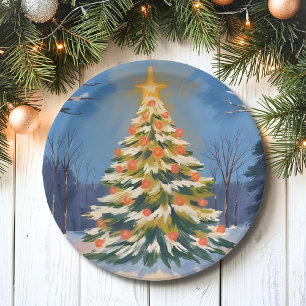 Prato De Papel Oh Árvore de Natal Pintura em Aquarela Feriado