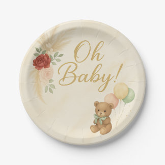 Prato De Papel Oh Baby Boho Teddy Bear Baby Shower Round Plate