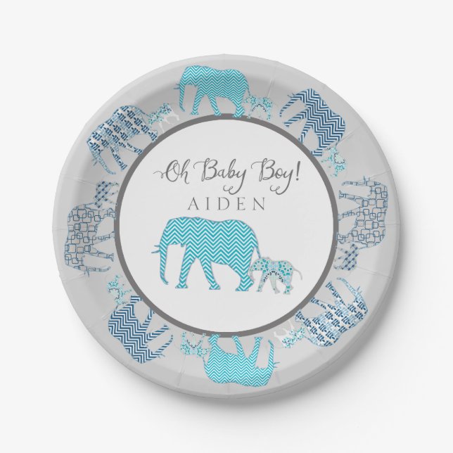 Prato De Papel Oh Baby Boy Patterning Elephants Chevron Modern (Frente)