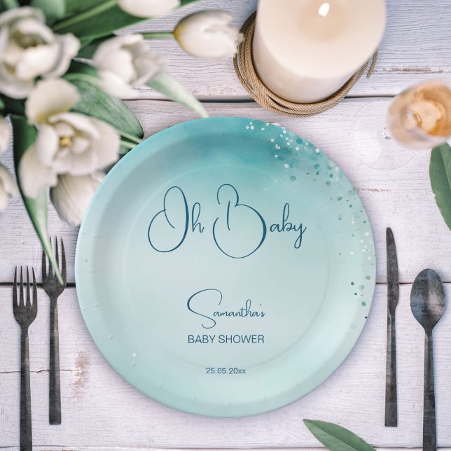 Prato De Papel Oh, bebê, ciano aqua, modelo azul (Oh baby cyan aqua blue abstract watercolor simple modern baby shower template paper plates printed)